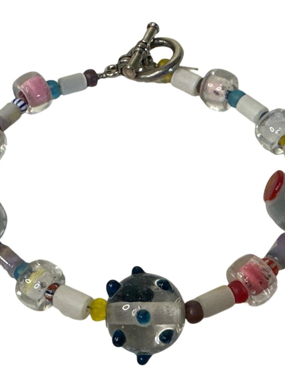 Beaded Bracelet Colorful Glass Toggle Clasp Handmade Artsy Colorful Chunky 7.5"